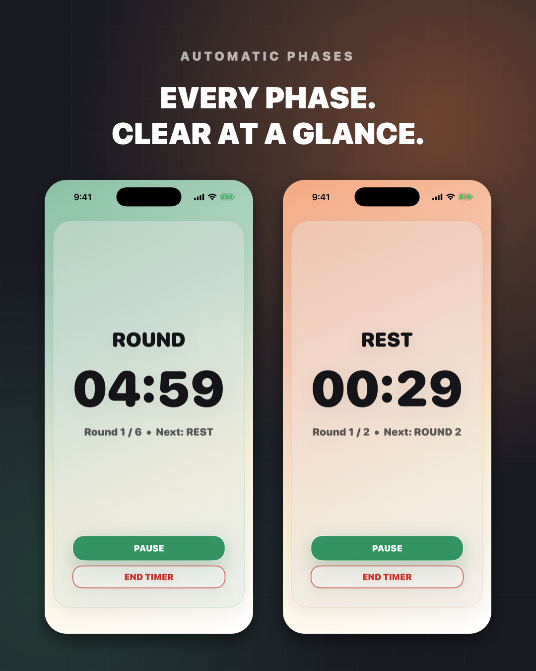 Combate active-round and rest-phase timer screens