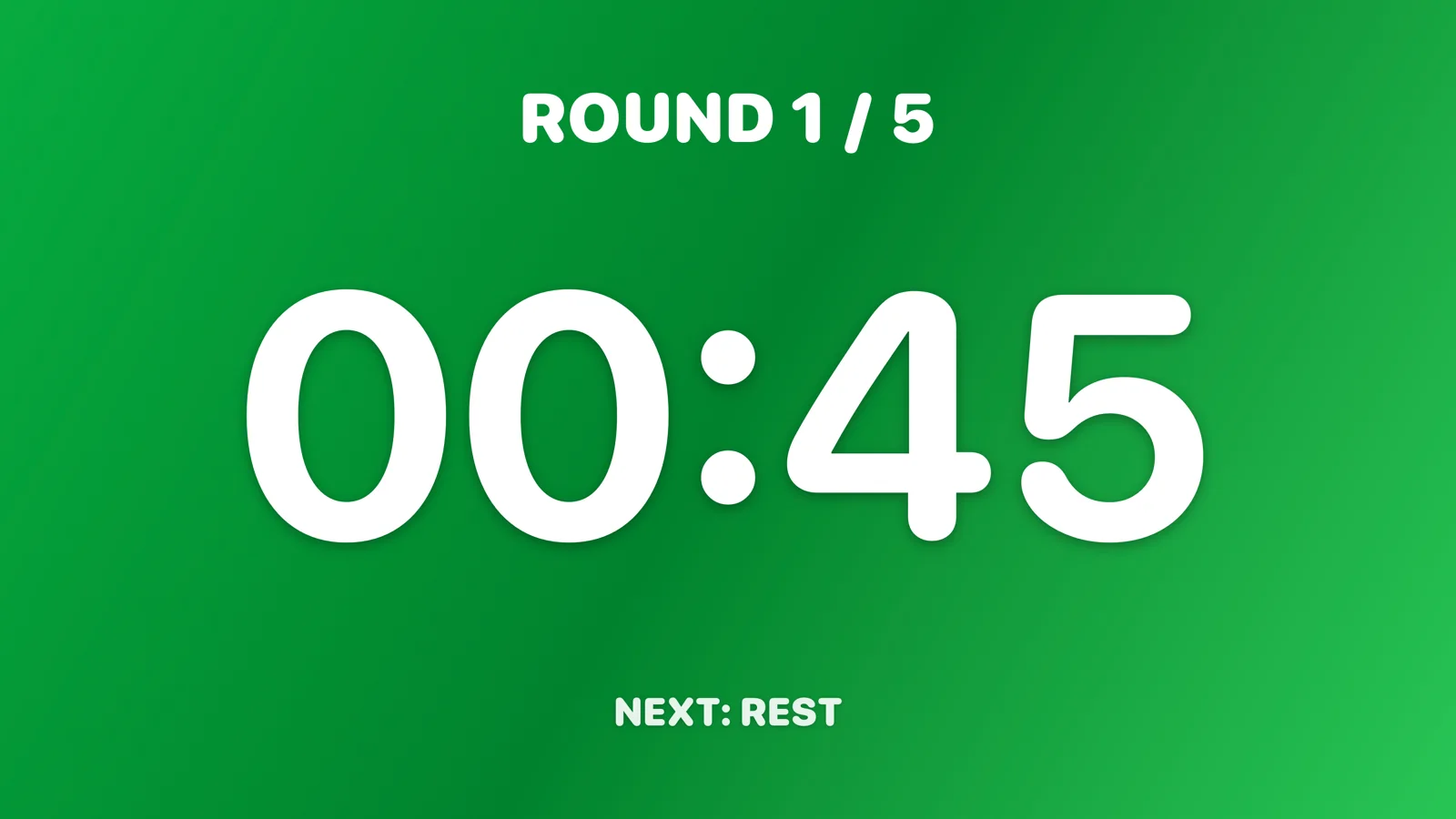 Combate on a gym screen: round one of five, forty-five seconds left, rest coming next