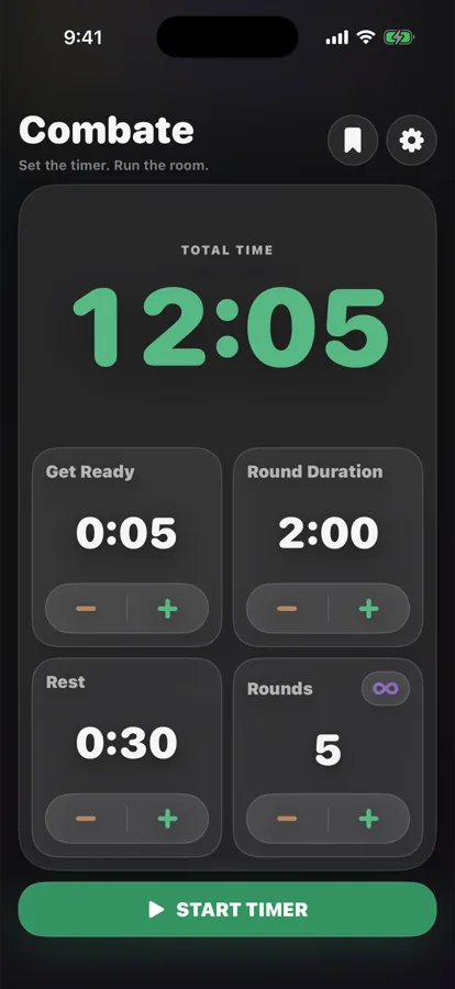 Combate on iPhone: total session time, with Get Ready, round duration, rest and rounds ready to start