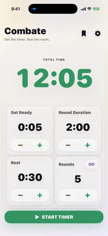 Combate on iPhone: total session time, with Get Ready, round duration, rest and rounds ready to start